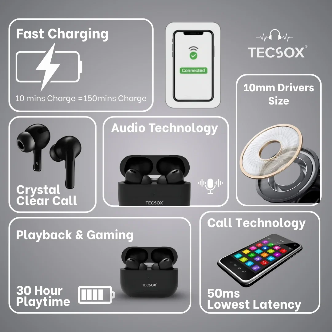 TecPod Pro Black Matt Bluetooth Earbuds | 30 Hour Playtime | Under ₹1000 - Image 11