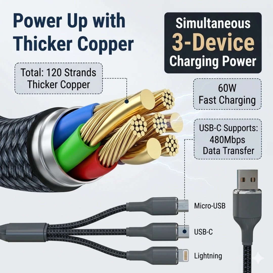 Tecsox 3 in 1 Grey Fast Charging Cable | For iOS & Android - Image 4