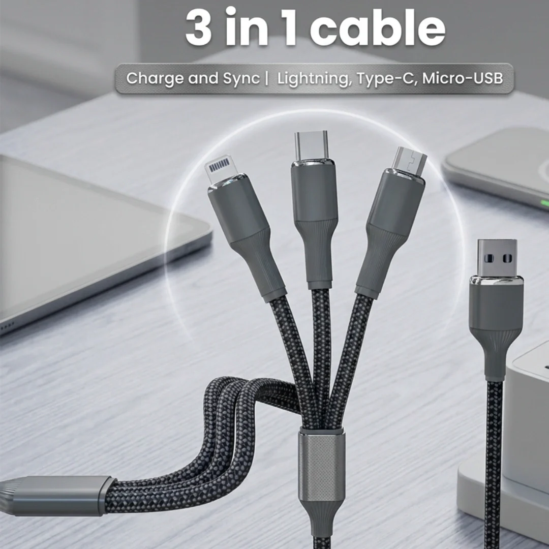 Tecsox 3 in 1 Grey Fast Charging Cable | For iOS & Android - Image 6